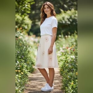 Target Cream Midi Skirt with Pink Floral Embroidery